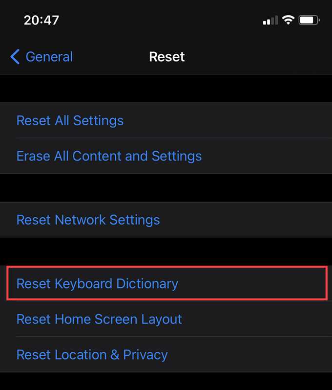 What happens if you Reset keyboard dictionary?