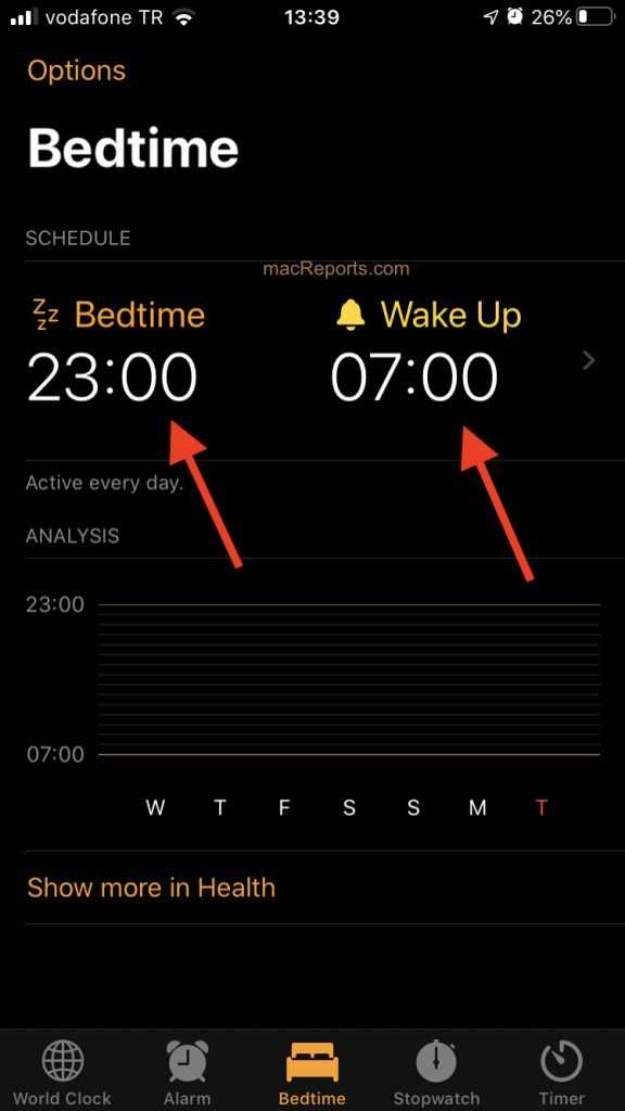 Where is the bedtime in settings?